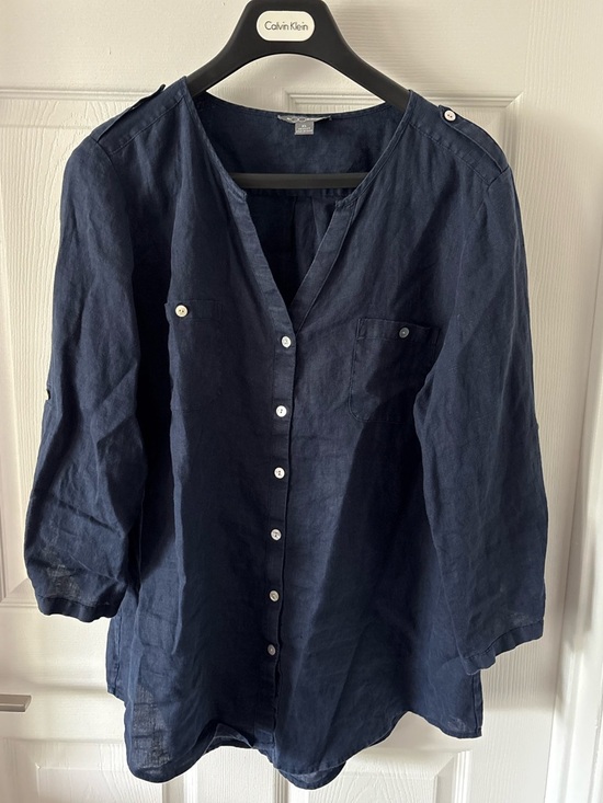 Go Silk Tops - Go Silk Navy Blue Washable linen Button-Down Shirt Size XL
